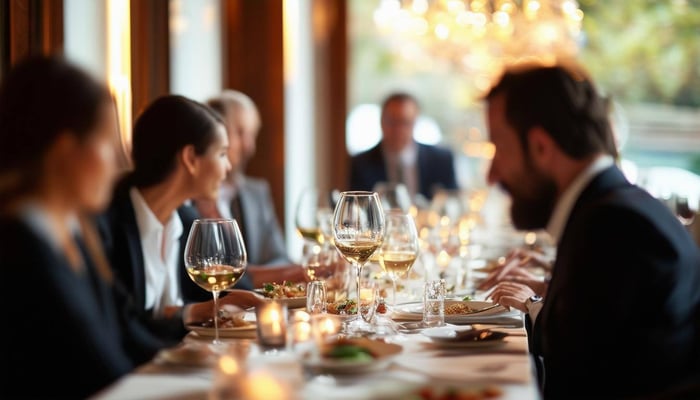 real business people man and woman at a dinner table where you cant really see their faces clearly because the photo is taken from such an angle that