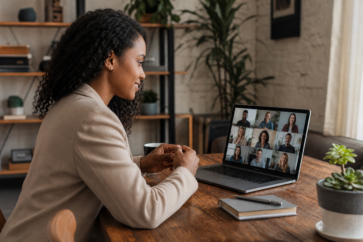 Online Meeting with Lady Laptop Display and Real Person at Table